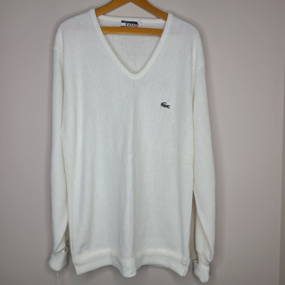 VINTAGE 80s Lacoste Izod Men's Orlon Acrylic Sweater White Gator Size Mens M‎